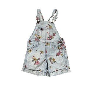 OshKosh Bgosh Girls Floral Striped Denim Overall Shorts Size 6/6X Blue & White W